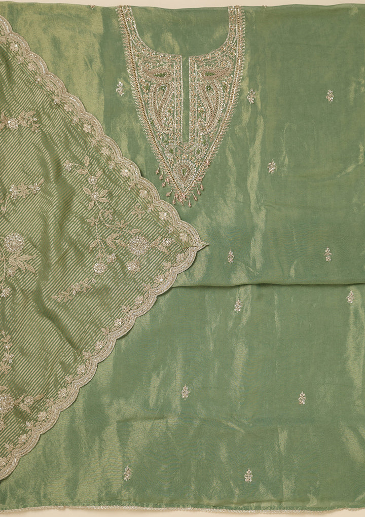 Pista Green Tissue Gold Zariwork Unstitched Dress Material With Matching Bottom And Dupatta