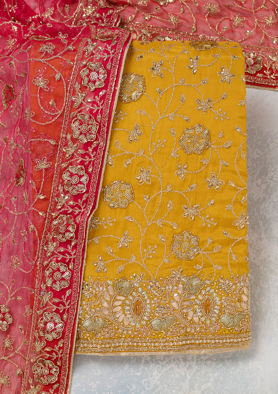 Mustard Zariwork Georgette Unstitched Salwar Suit