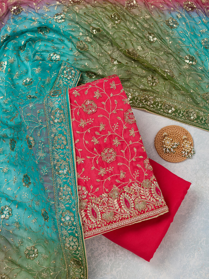 Rani Pink Multi Georgette Zariwork Unstitched Dress Material With Matching Bottom And Dupatta