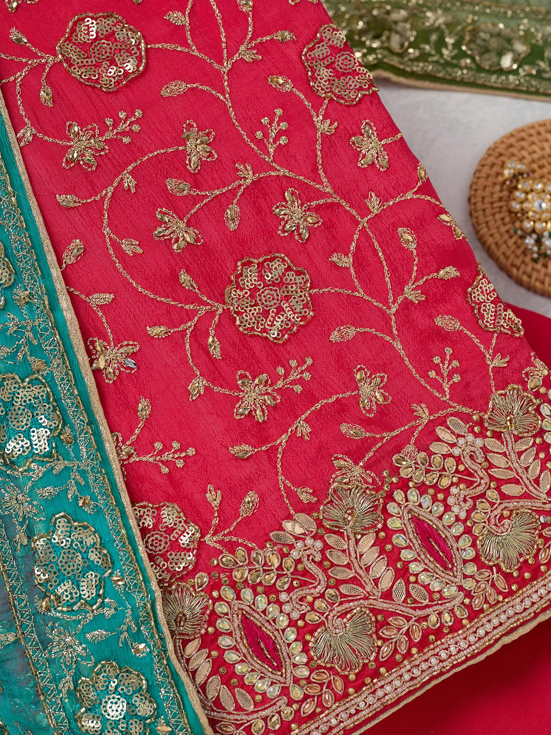 Rani Pink Multi Georgette Zariwork Unstitched Dress Material With Matching Bottom And Dupatta