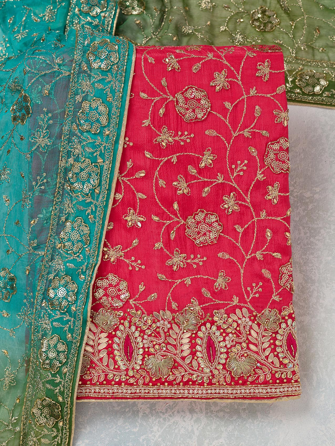 Rani Pink Multi Georgette Zariwork Unstitched Dress Material With Matching Bottom And Dupatta