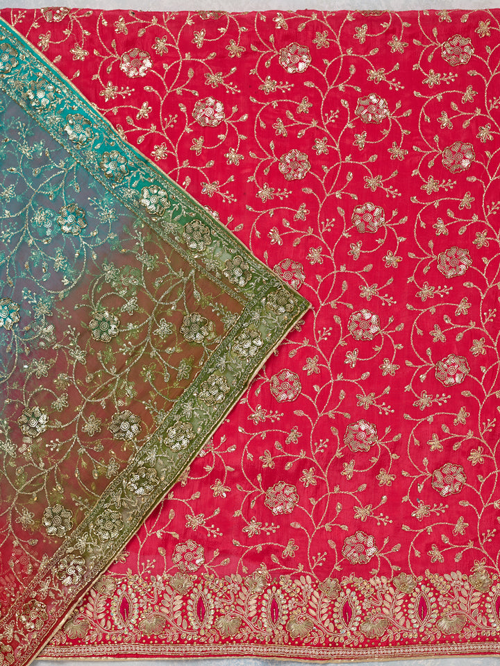 Rani Pink Multi Georgette Zariwork Unstitched Dress Material With Matching Bottom And Dupatta