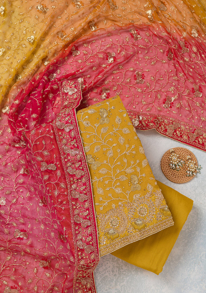 Mustard Zariwork Georgette Unstitched Salwar Suit