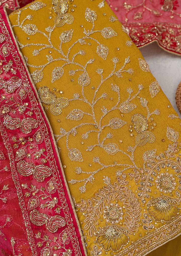 Mustard Zariwork Georgette Unstitched Salwar Suit