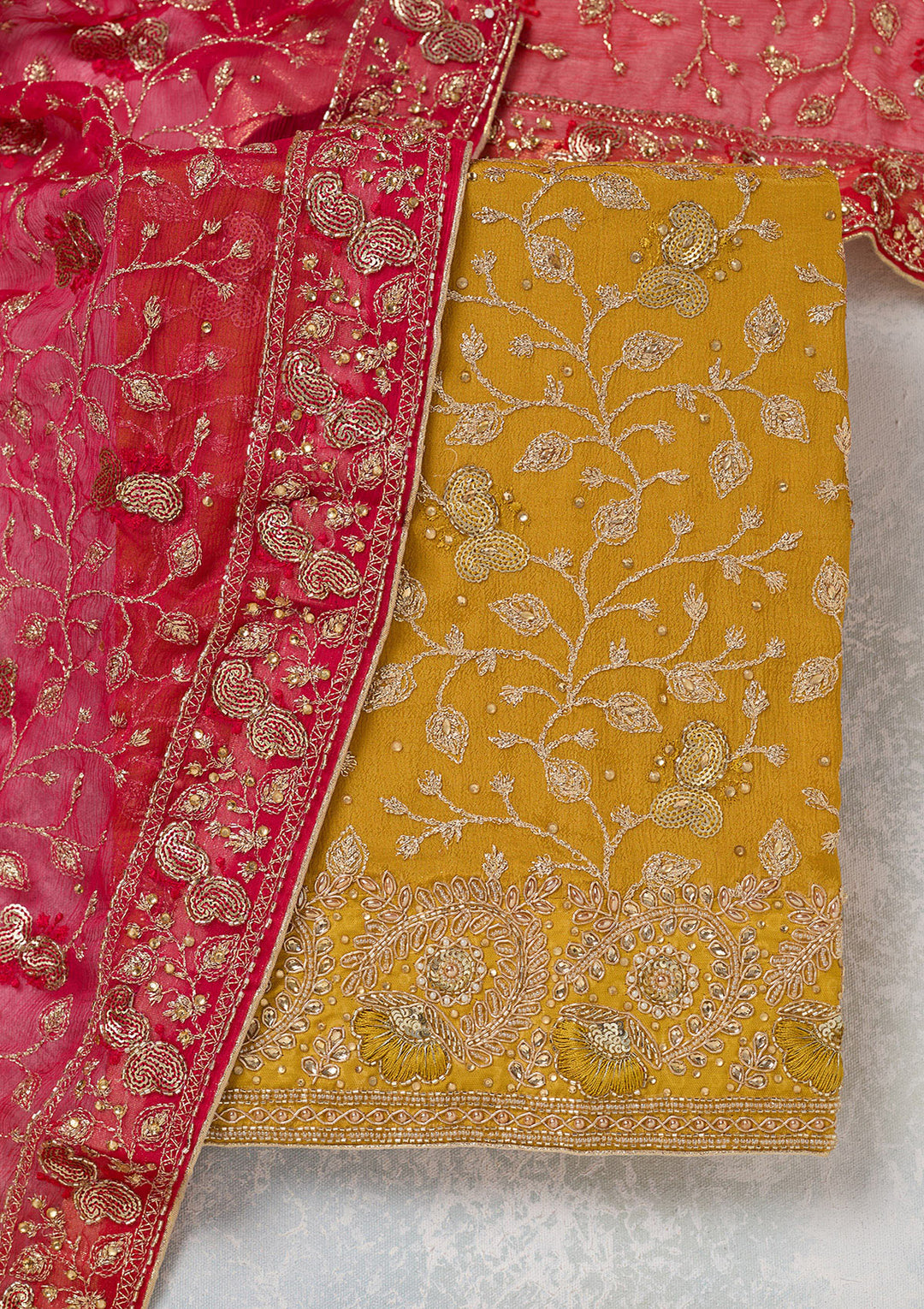 Mustard Zariwork Georgette Unstitched Salwar Suit