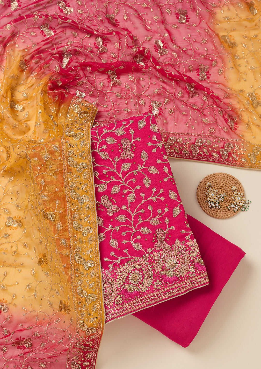 Rani Pink Georgette Gold Zardozi Work Unstitched Dress Material With Matching Bottom And Dupatta