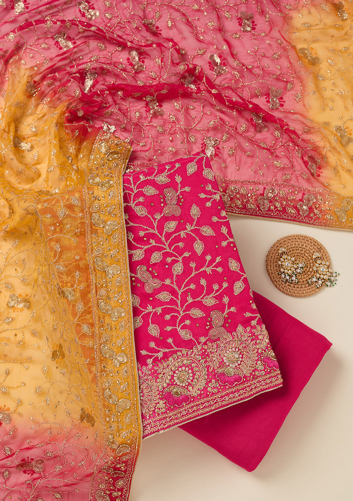 Rani Pink Georgette Gold Zardozi Work Unstitched Dress Material With Matching Bottom And Dupatta