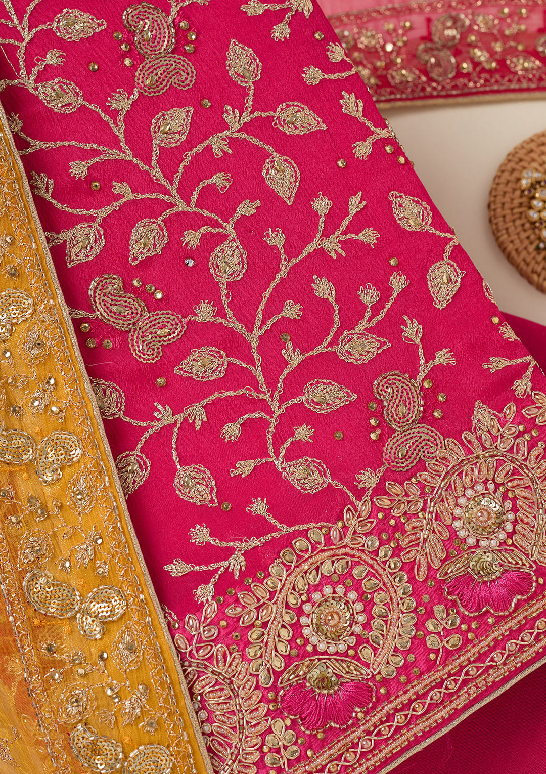 Rani Pink Georgette Gold Zardozi Work Unstitched Dress Material With Matching Bottom And Dupatta