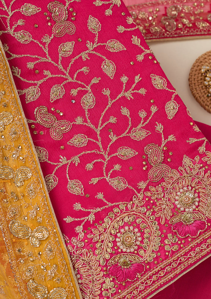 Rani Pink Georgette Gold Zardozi Work Unstitched Dress Material With Matching Bottom And Dupatta