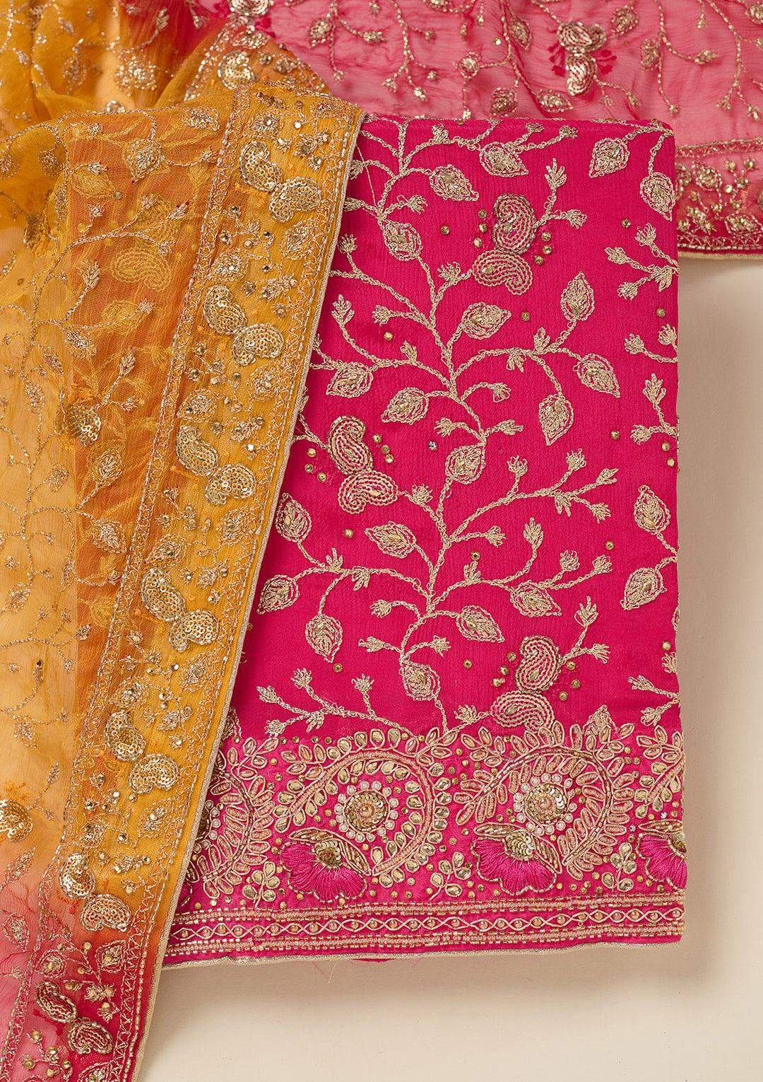 Rani Pink Georgette Gold Zardozi Work Unstitched Dress Material With Matching Bottom And Dupatta