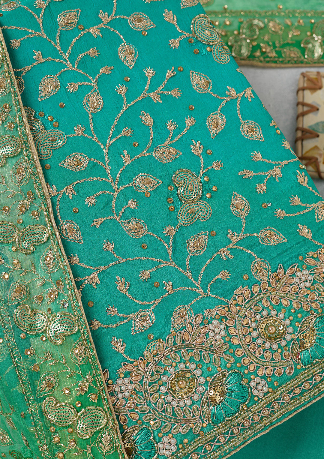 Sea Green Zariwork Georgette Unstitched Salwar Suit