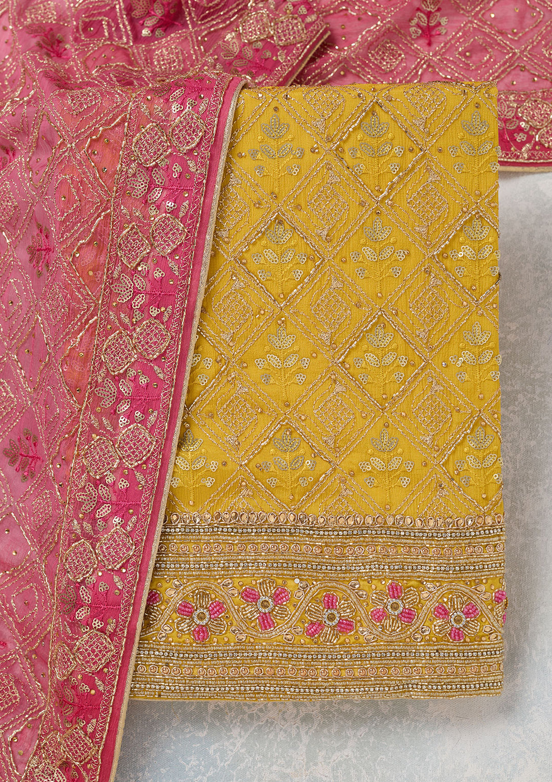 Mustard Zariwork Georgette Unstitched Salwar Suit