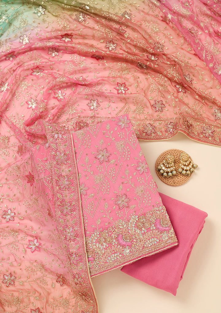 Pink Multi Georgette Zariwork Unstitched Dress Material With Matching Bottom And Dupatta