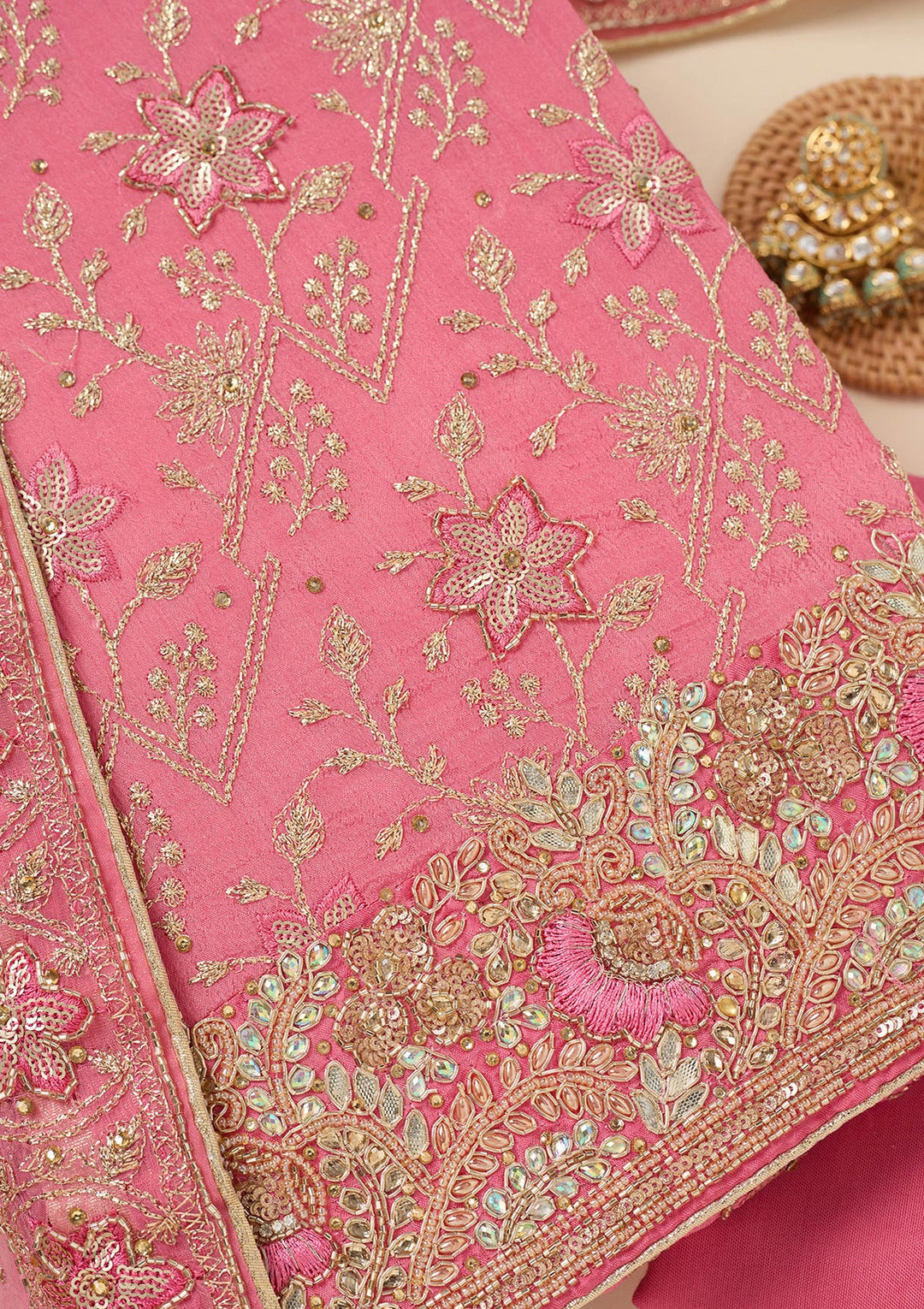 Pink Multi Georgette Zariwork Unstitched Dress Material With Matching Bottom And Dupatta
