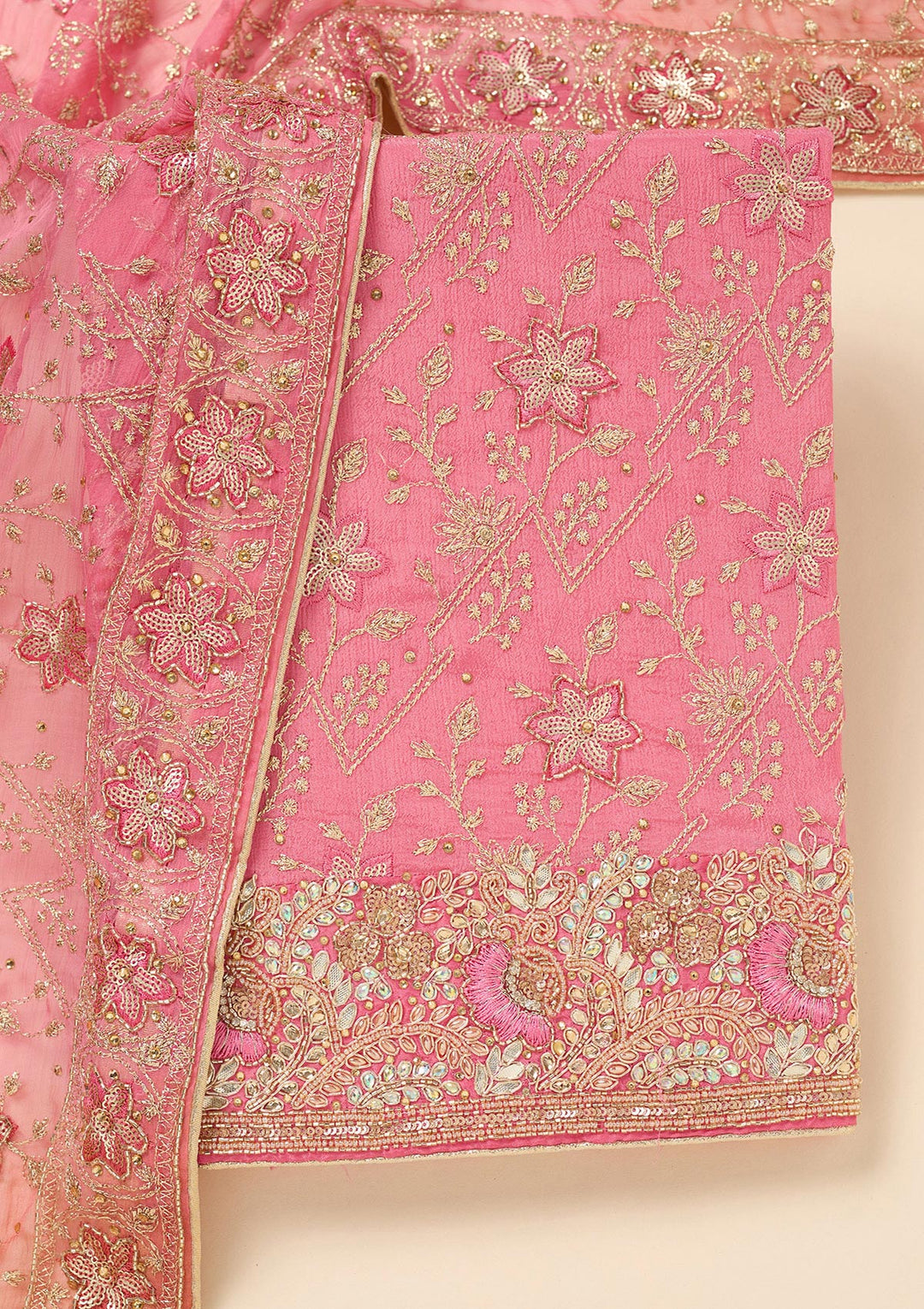 Pink Multi Georgette Zariwork Unstitched Dress Material With Matching Bottom And Dupatta