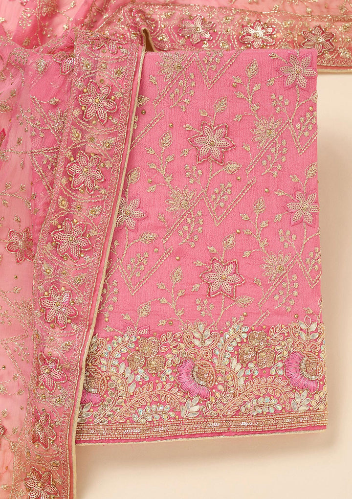 Pink Multi Georgette Zariwork Unstitched Dress Material With Matching Bottom And Dupatta