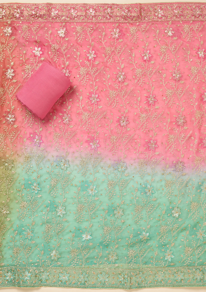 Pink Multi Georgette Zariwork Unstitched Dress Material With Matching Bottom And Dupatta