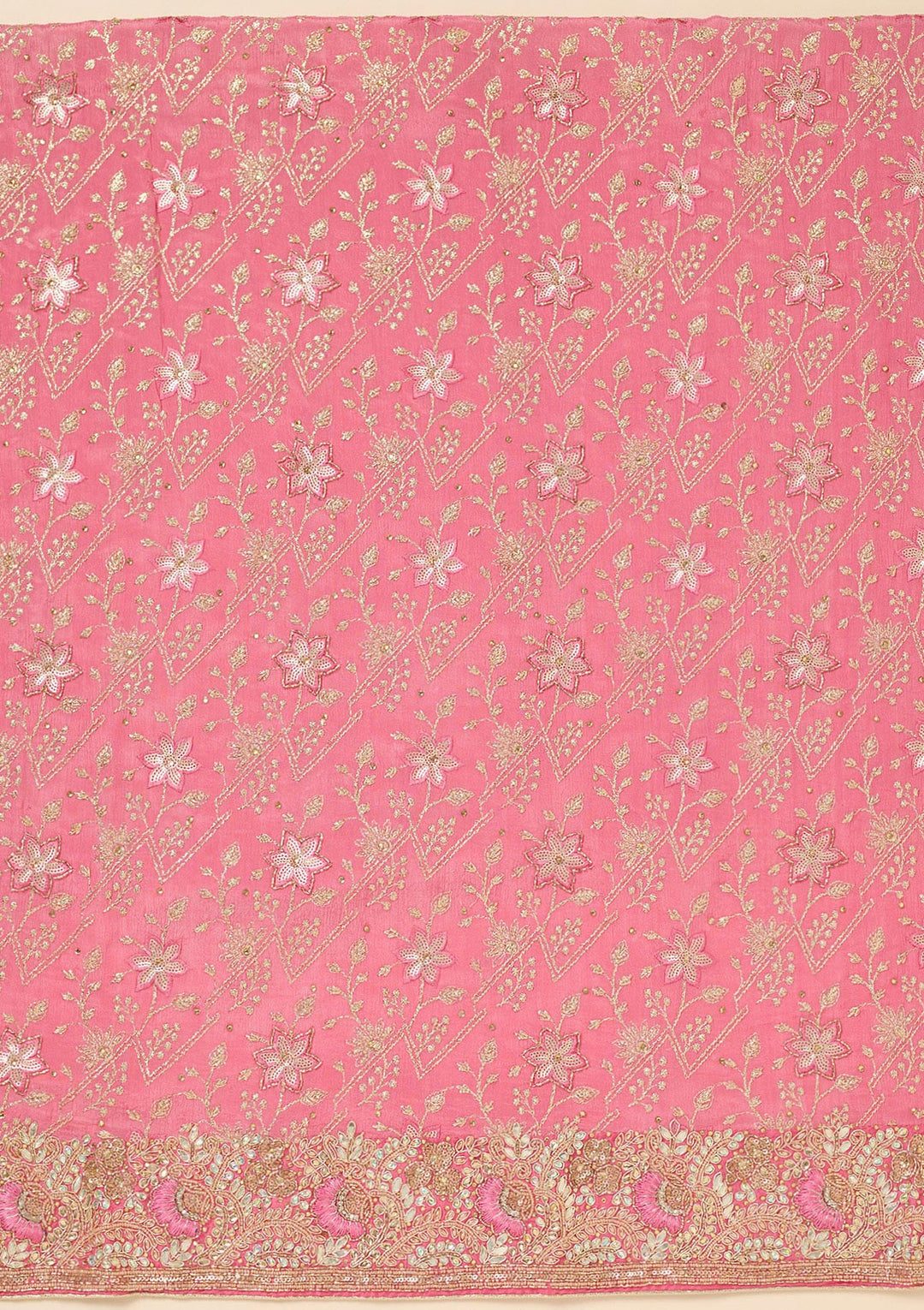 Pink Multi Georgette Zariwork Unstitched Dress Material With Matching Bottom And Dupatta