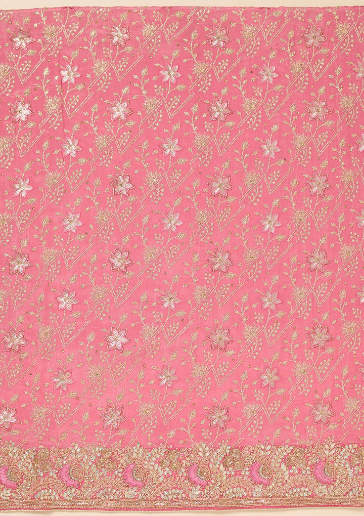 Pink Multi Georgette Zariwork Unstitched Dress Material With Matching Bottom And Dupatta