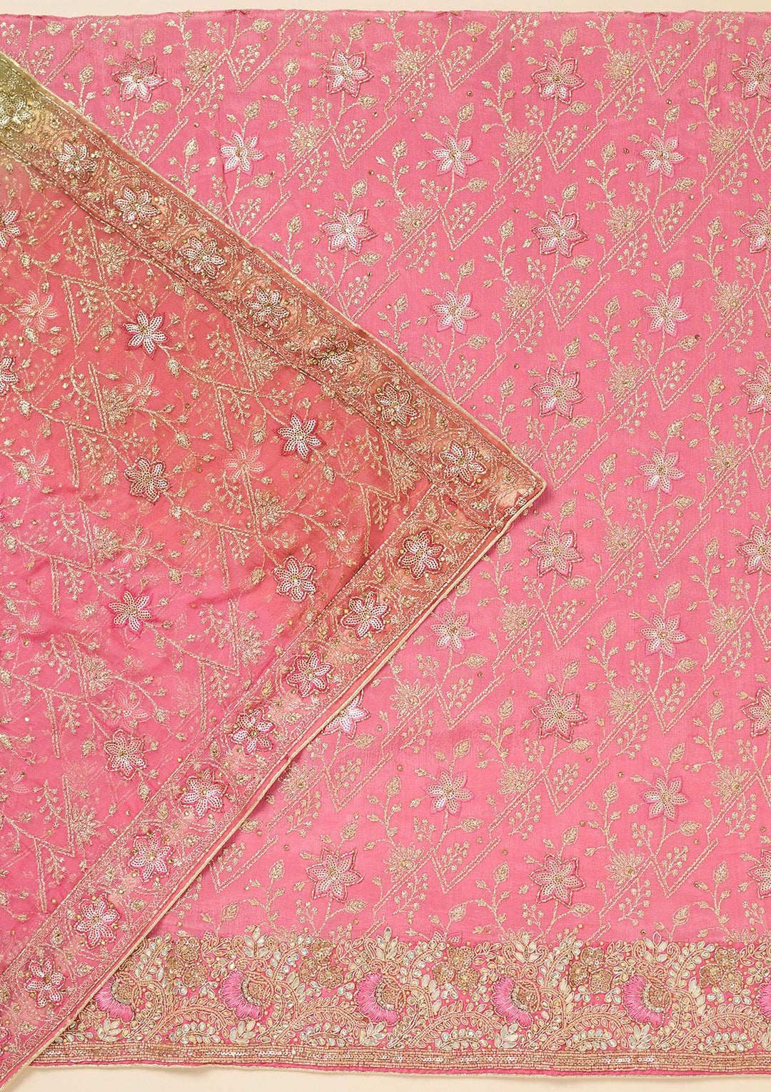 Pink Multi Georgette Zariwork Unstitched Dress Material With Matching Bottom And Dupatta