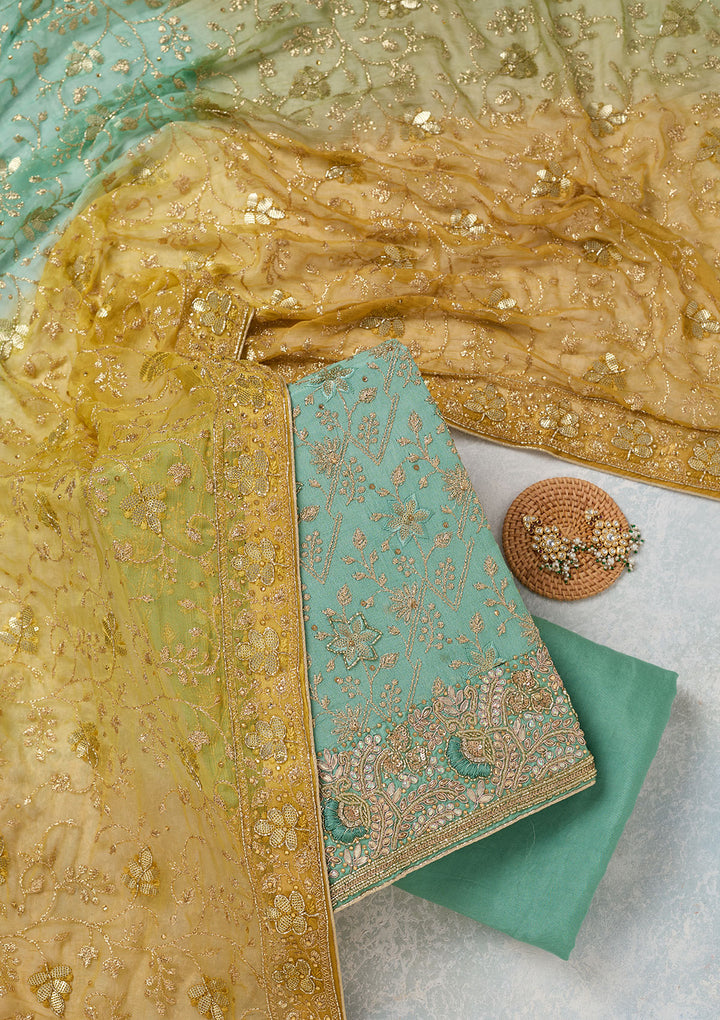 Sea Green Multi Georgette Zariwork Unstitched Dress Material With Matching Bottom And Dupatta