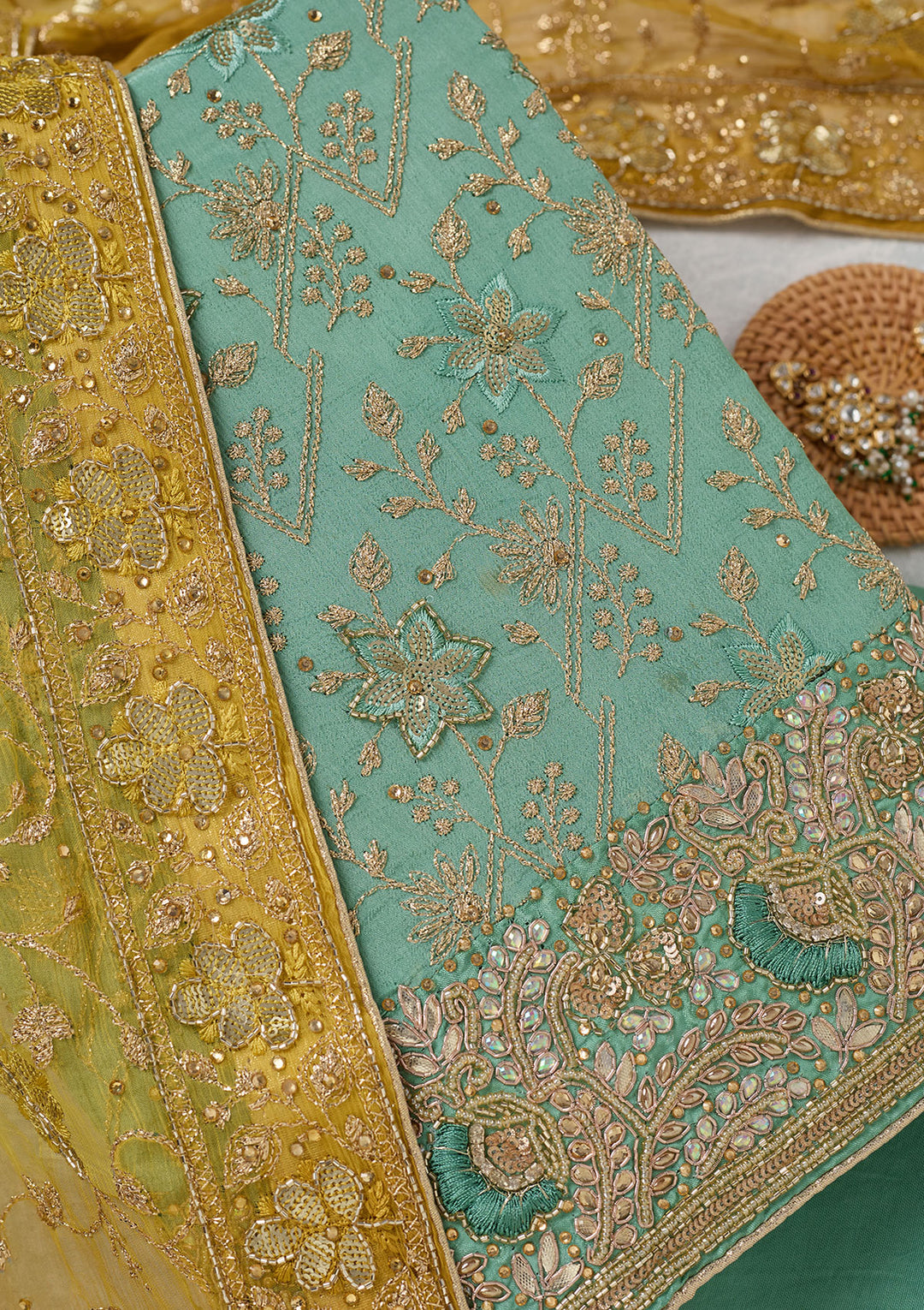 Sea Green Multi Georgette Zariwork Unstitched Dress Material With Matching Bottom And Dupatta