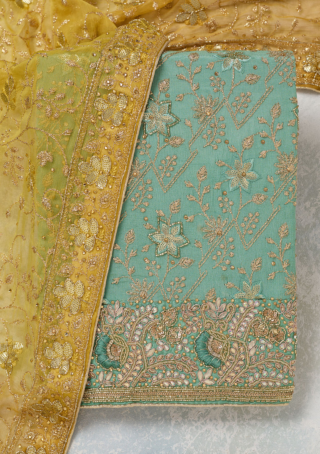 Sea Green Multi Georgette Zariwork Unstitched Dress Material With Matching Bottom And Dupatta