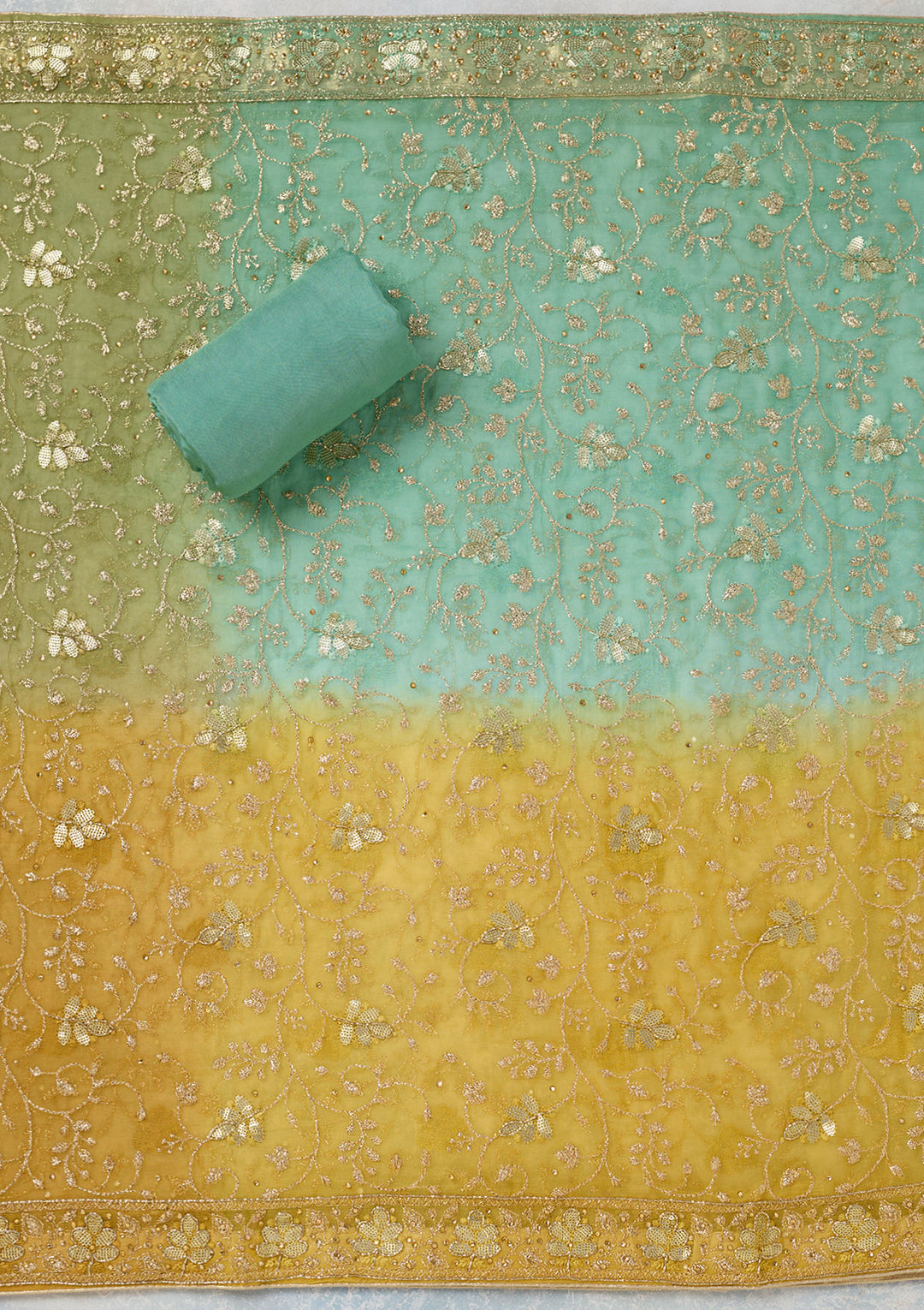 Sea Green Multi Georgette Zariwork Unstitched Dress Material With Matching Bottom And Dupatta