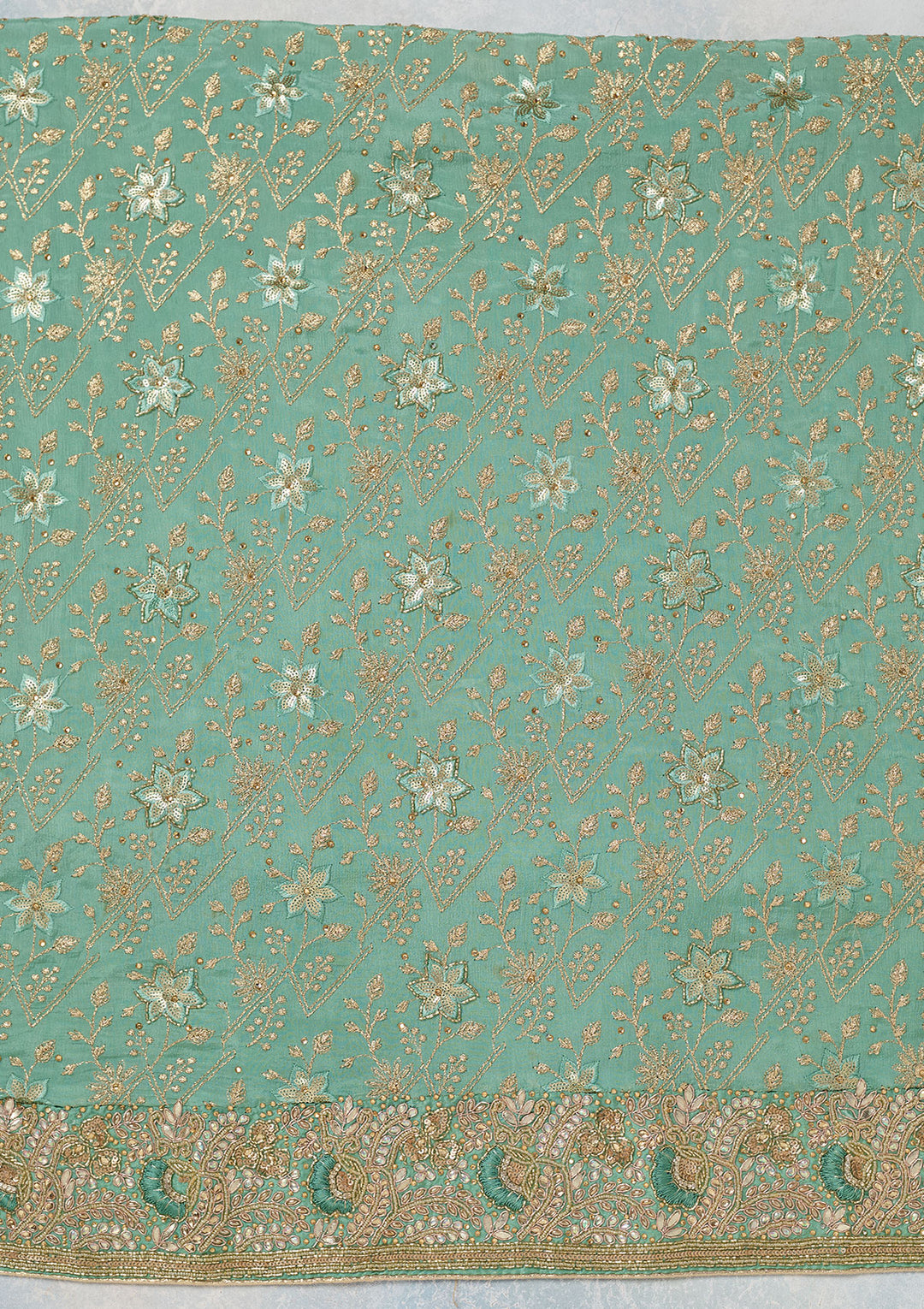 Sea Green Multi Georgette Zariwork Unstitched Dress Material With Matching Bottom And Dupatta