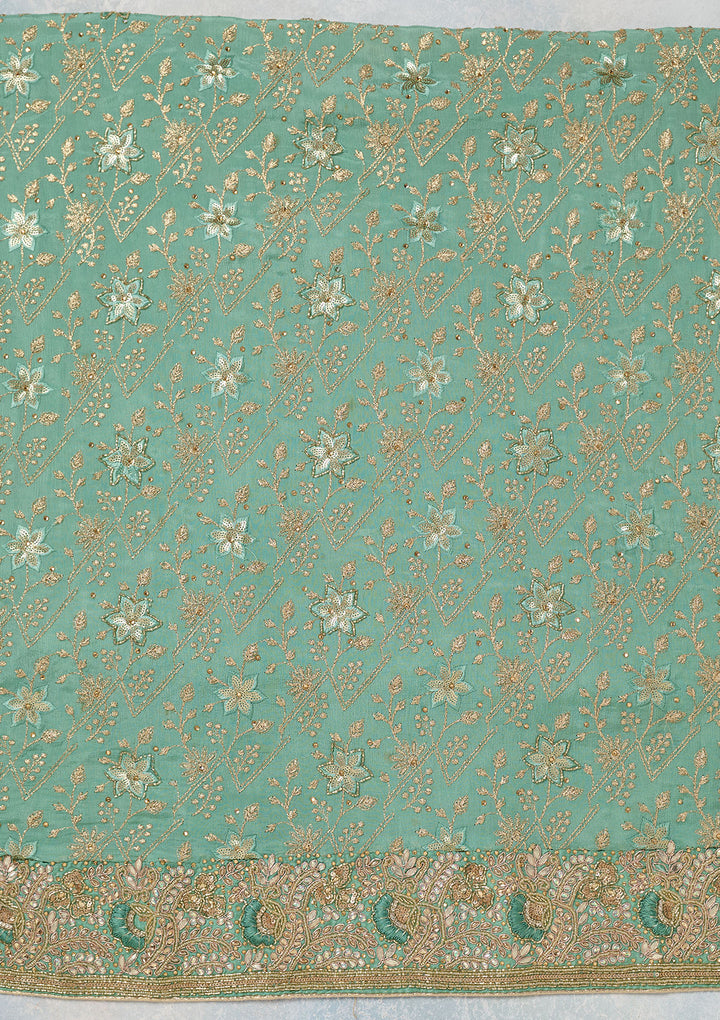 Sea Green Multi Georgette Zariwork Unstitched Dress Material With Matching Bottom And Dupatta
