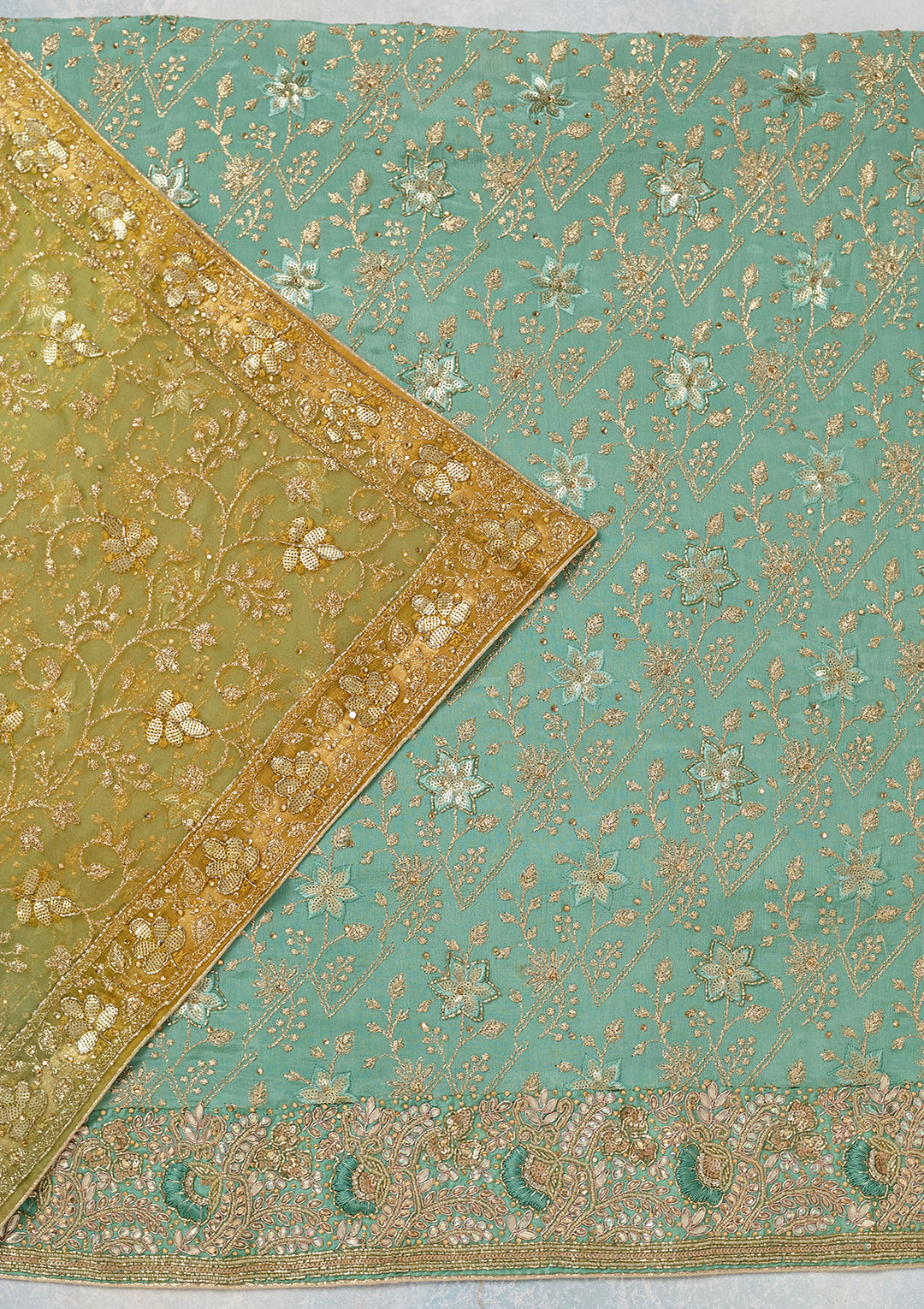 Sea Green Multi Georgette Zariwork Unstitched Dress Material With Matching Bottom And Dupatta