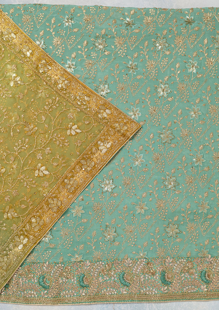 Sea Green Multi Georgette Zariwork Unstitched Dress Material With Matching Bottom And Dupatta