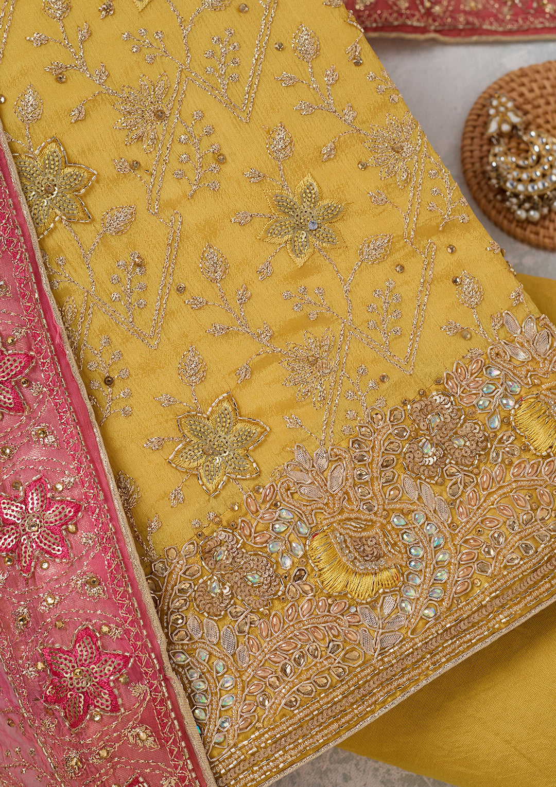 Yellow Zariwork Georgette Unstitched Salwar Suit