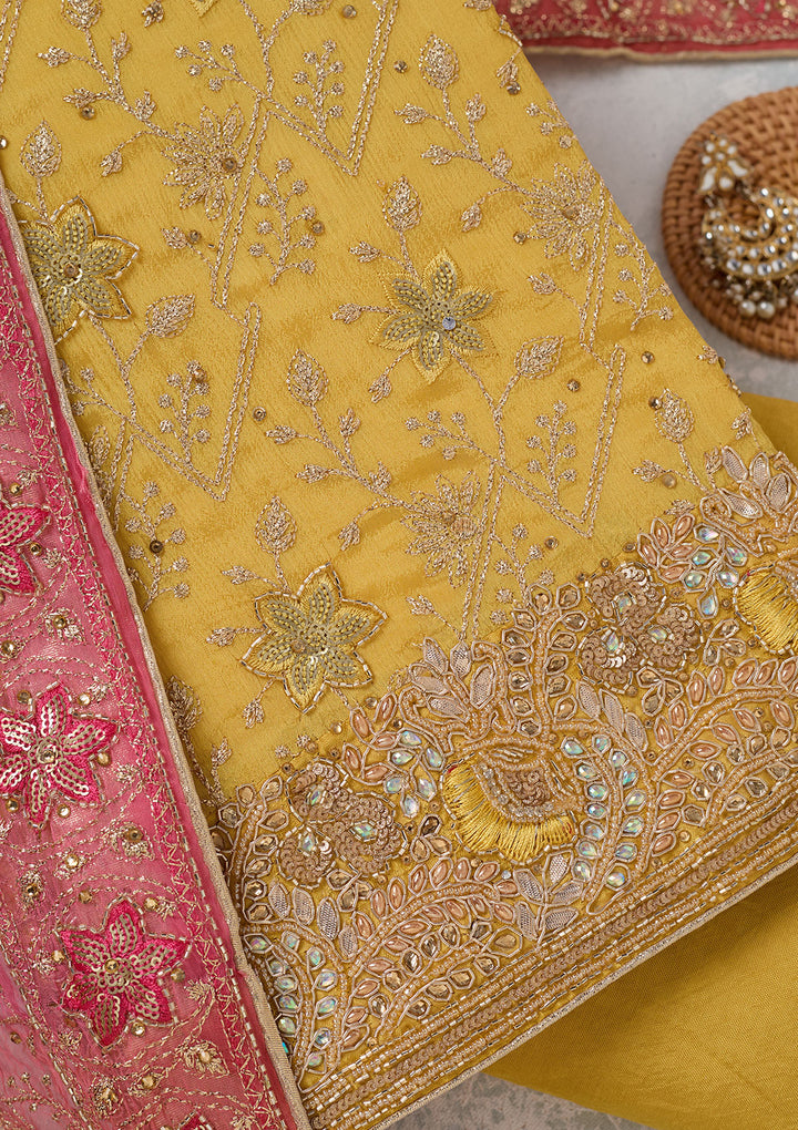 Yellow Zariwork Georgette Unstitched Salwar Suit