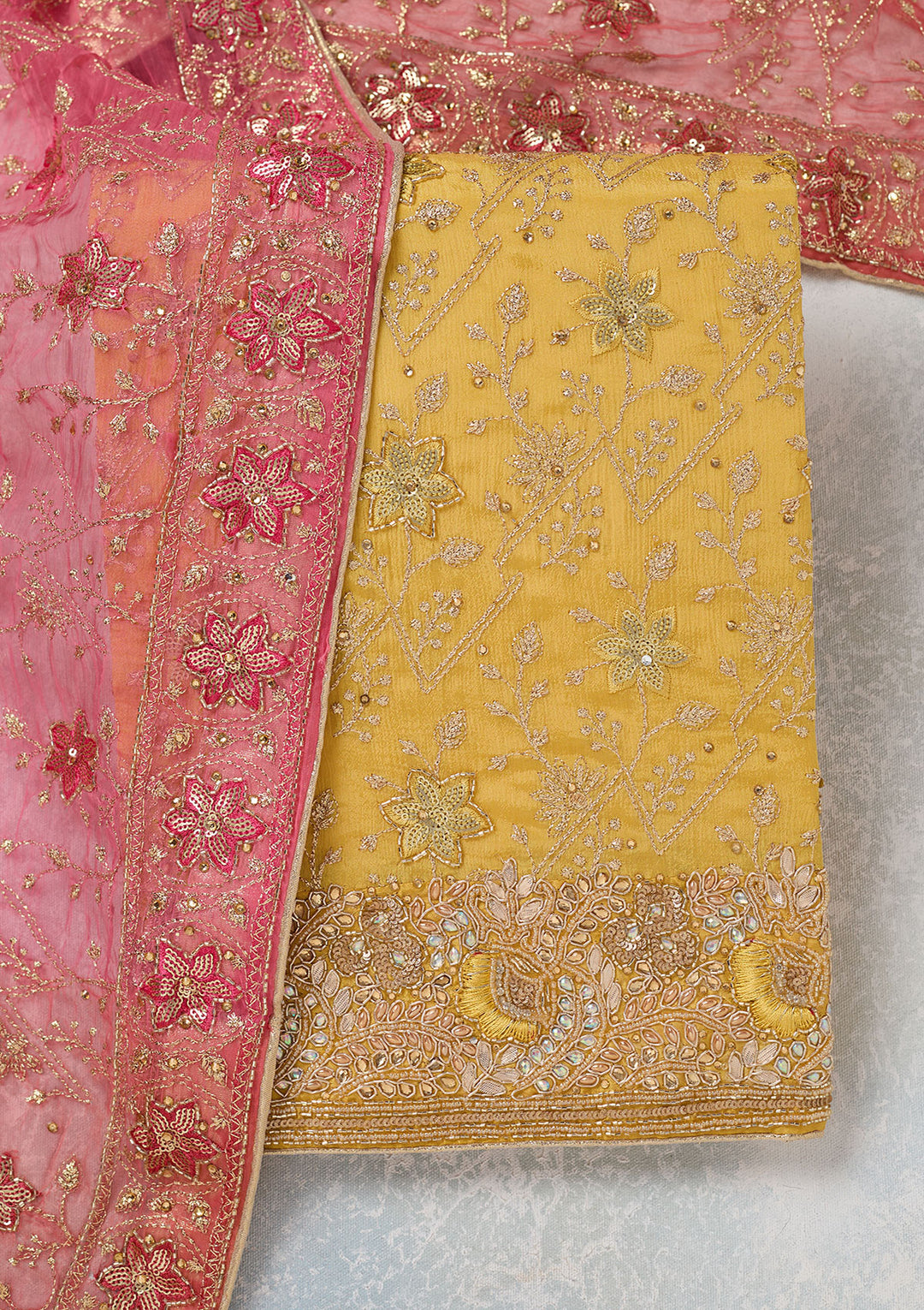 Yellow Zariwork Georgette Unstitched Salwar Suit