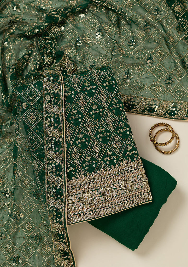 Bottle Green Zariwork Georgette Unstitched Salwar Suit