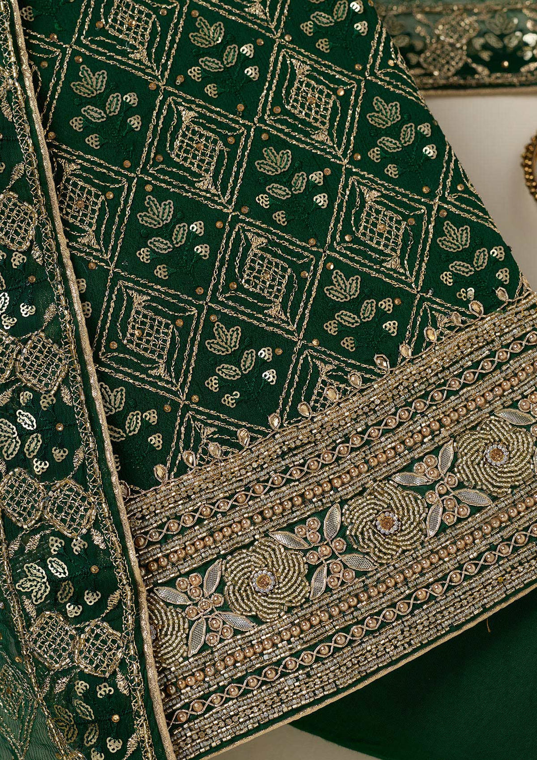 Bottle Green Zariwork Georgette Unstitched Salwar Suit