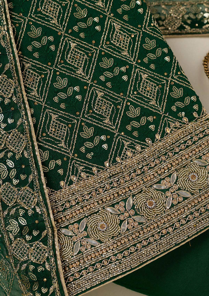 Bottle Green Zariwork Georgette Unstitched Salwar Suit