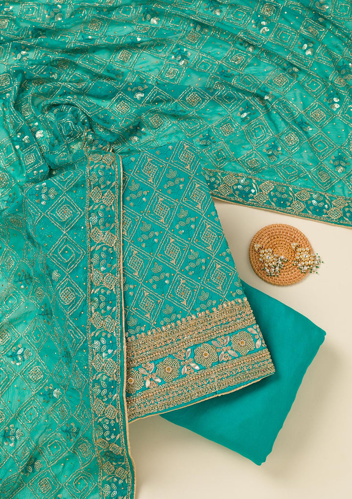 Turquoise Blue Zariwork Georgette Unstitched Salwar Suit