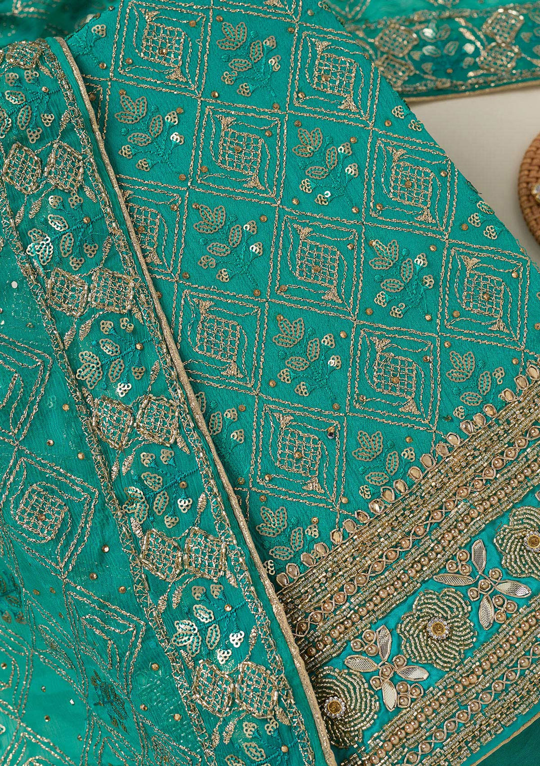 Turquoise Blue Zariwork Georgette Unstitched Salwar Suit