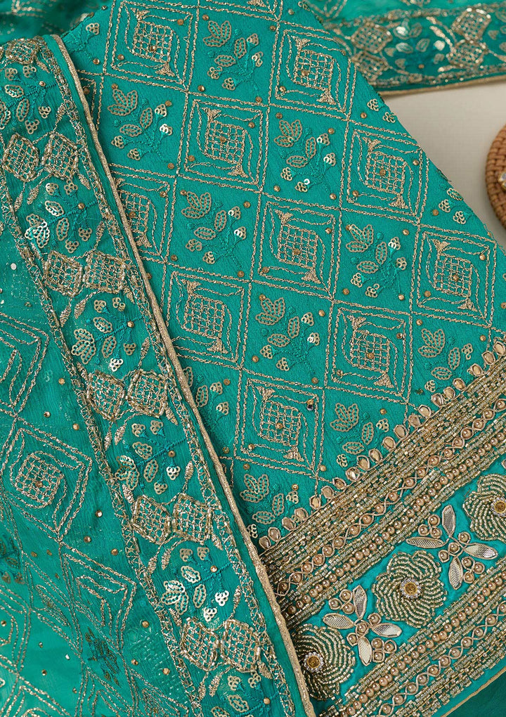 Turquoise Blue Zariwork Georgette Unstitched Salwar Suit