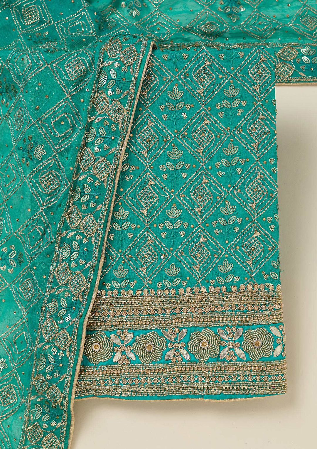 Turquoise Blue Zariwork Georgette Unstitched Salwar Suit