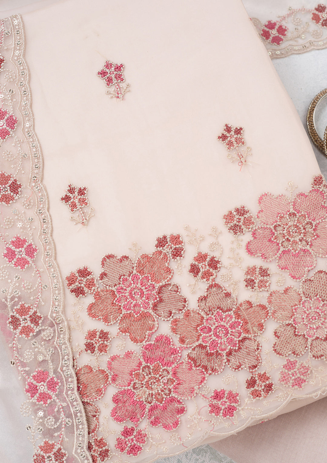 Beige Zariwork Organza Unstitched Salwar Suit