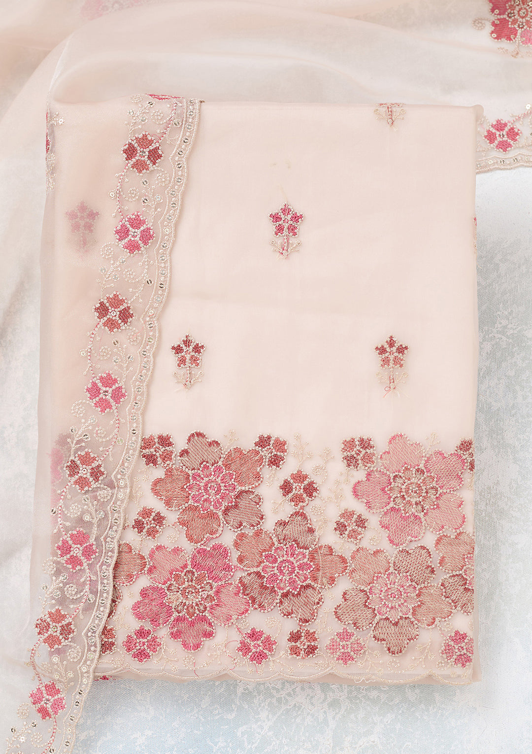 Beige Zariwork Organza Unstitched Salwar Suit