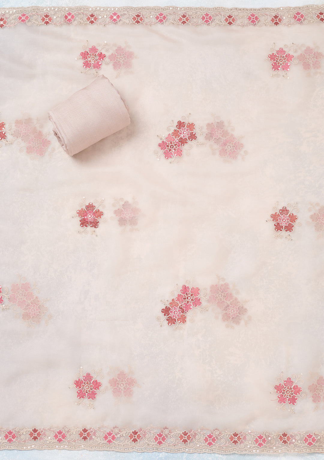 Beige Zariwork Organza Unstitched Salwar Suit