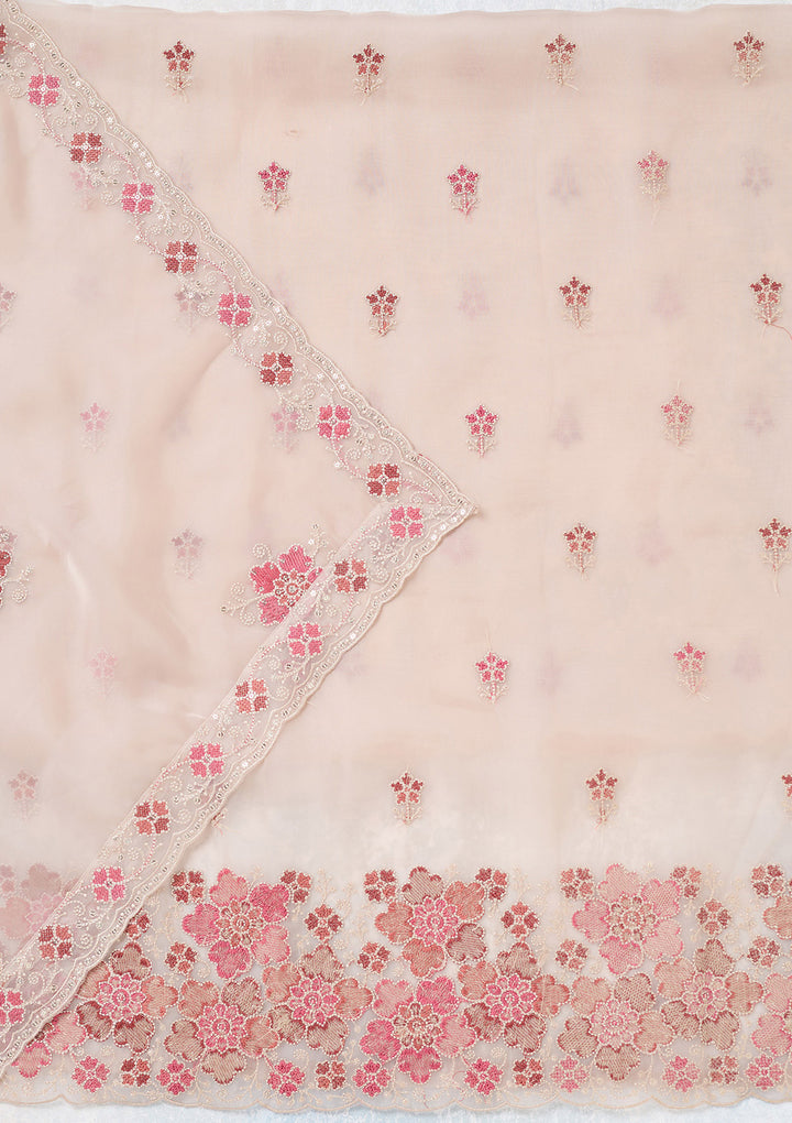 Beige Zariwork Organza Unstitched Salwar Suit