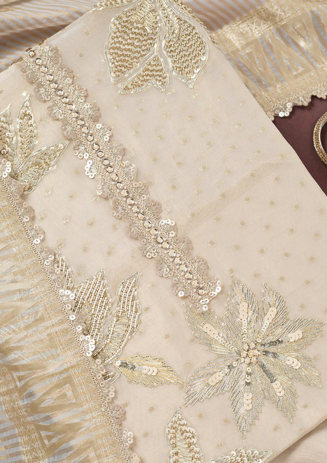 Beige Mirrorwork Tissue Unstitched Salwar Suit