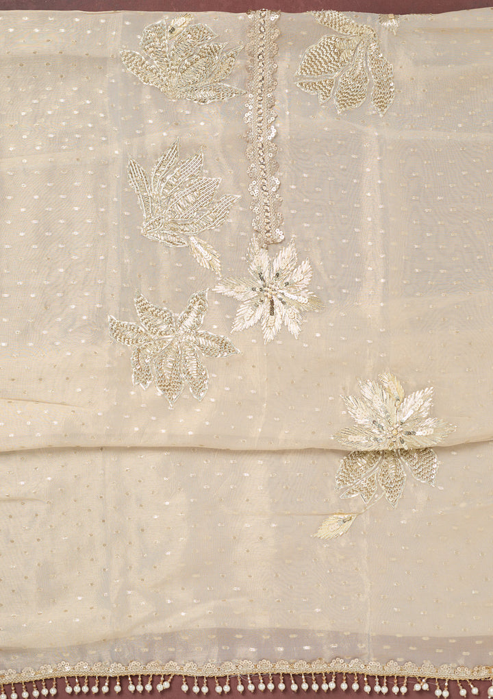 Beige Mirrorwork Tissue Unstitched Salwar Suit