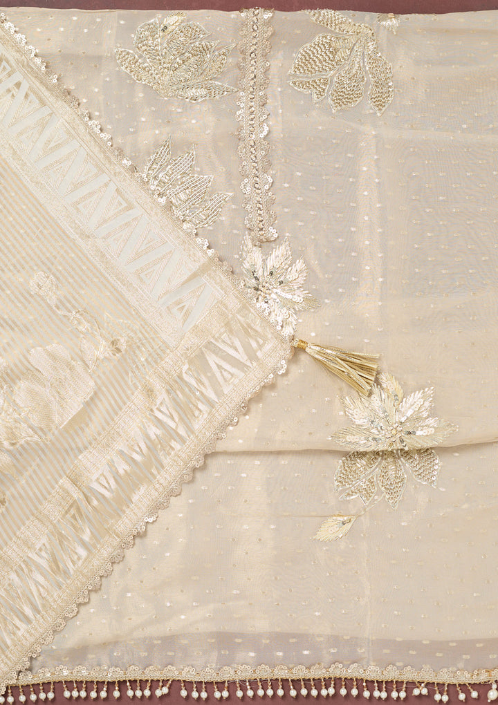 Beige Mirrorwork Tissue Unstitched Salwar Suit