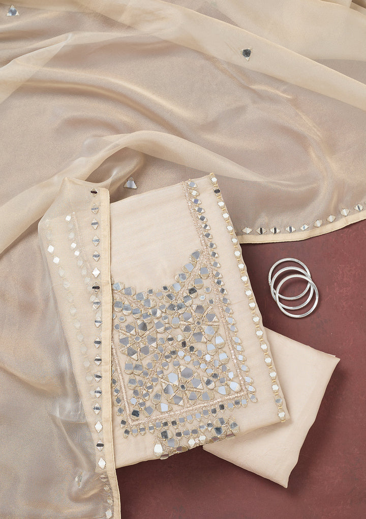 Beige Tissue Mirrorwork Unstitched Dress Material With Matching Bottom And Dupatta